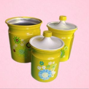 Vintage 70s Kromex Yellow Flower Power Cannister Set of 3